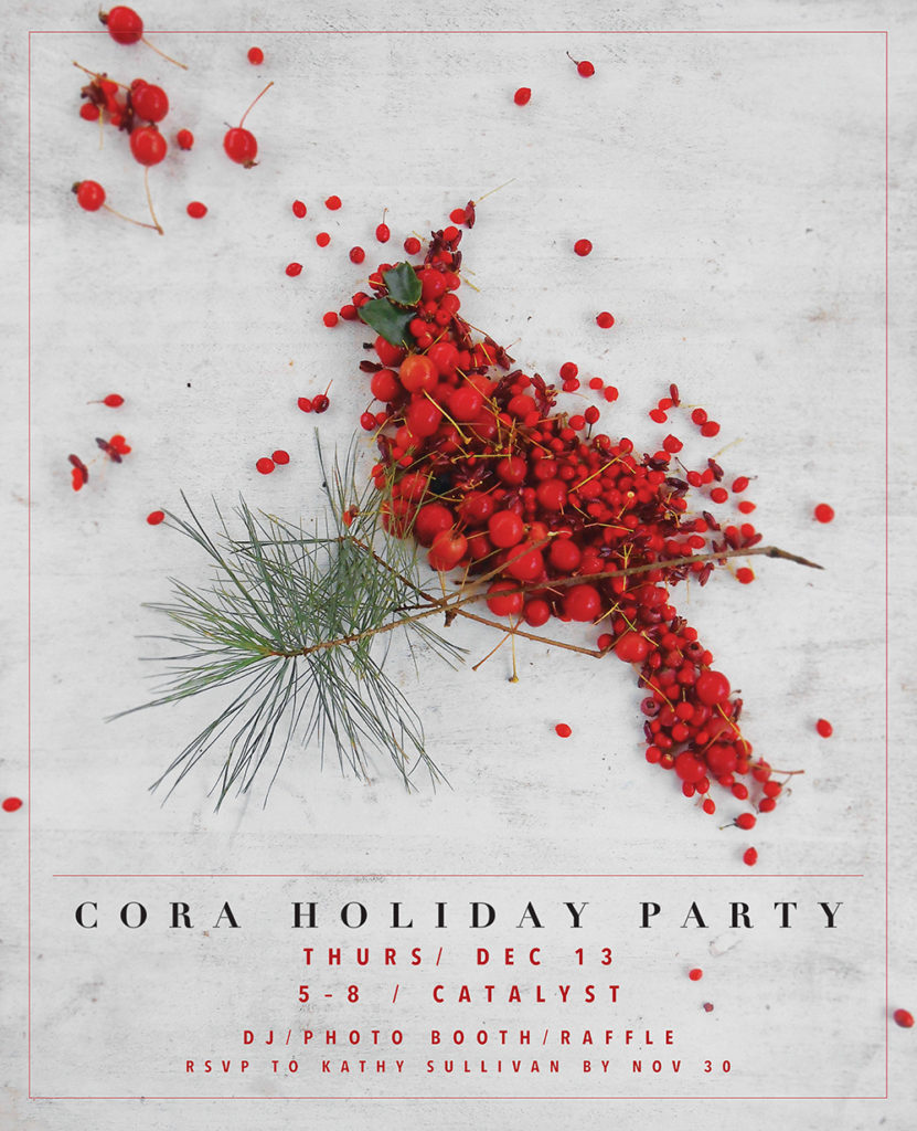 An invitation to an office holiday party featuring a photograph of red berries that are assembled to look like a cardinal.