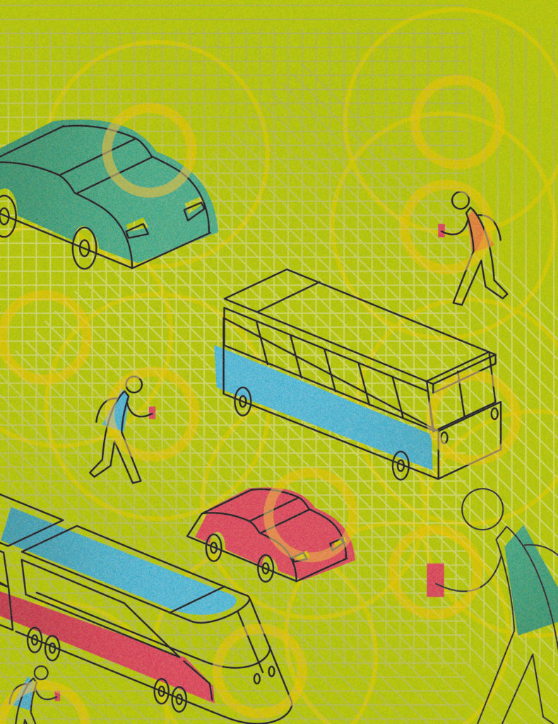 An illustration of pedestrians and vehicles communicating electronically
